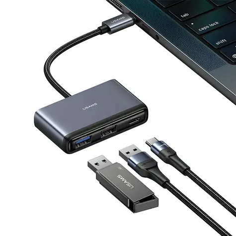 USAMS SJ628 šedá / Adaptér USB-C hub 5v1 / USB 3.0 / USB 2.0 / TF/SD čtečka karet