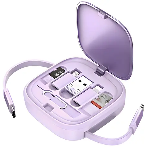 USAMS SJ650 fialová / Datový kabel / 3v1 Micro USB, USB-C, Lightning / 60W / se stojánkem