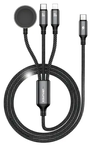 AWEI W23 3v1 černá / Nabíjecí kabel / USB-C / Lightning / pro hodinky / 1,2 m / 100W