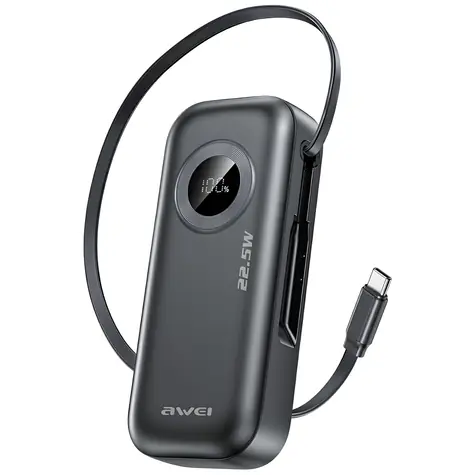 AWEI PA-9 černá / Powerbanka / 10 000 mAh / 22,5W / Vestavěný USB-C kabel