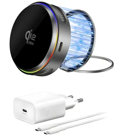 4smarts Qi2 25W MagSafe šedá / Bezdrátová nabíječka / 2v1 stojánek / RGB / chlazení