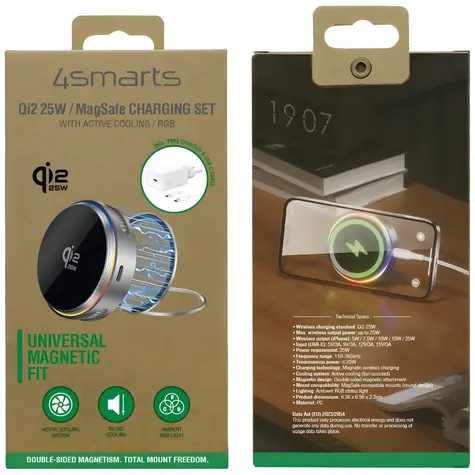 4smarts Nabíjecí stanice 2v1 RGB šedá / Bezdrátová nabíječka / Qi2 / MagSafe / 25W / 360° / chlazení