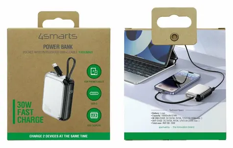 4smarts Pocket 10000mAh stříbrná / Powerbanka / 30W / vestavěný USB-C kabel 15cm / displej