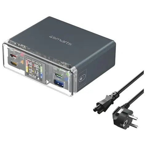 4smarts Lucid GaN DIY MODE 300W šedá / Nabíjecí stanice / 3x USB-C + 1x USB-A / TFT displej