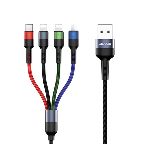 USAMS SJ413 U26 3m / Nabíjecí kabel / 4v1 / 2A / 2x Lightning, microUSB, USB-C / opletený