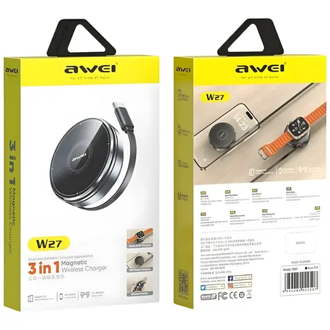 Awei W27 černá / Bezdrátová nabíječka 3 v 1 / 15 W / MagSafe / USB-C kabel / Stojánek