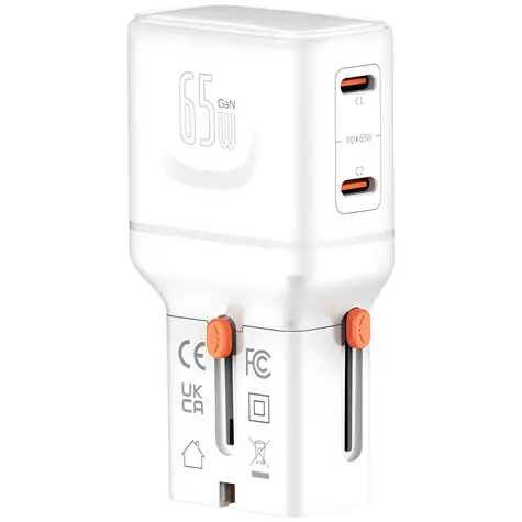 4smarts Nomad Pocket bílá / Cestovní nabíjecí adaptér / GaN / 65W / 2x USB-C / výměnné zástrčky