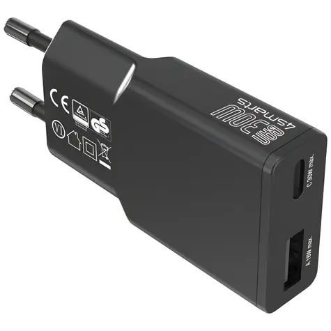 4smarts FlatPlug Duos černá / Síťová nabíječka / GaN / USB-C + USB-A / 30W