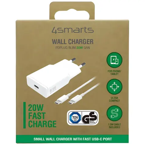 4smarts PDPlug Slim 20W GaN USB-C bílá / Nabíječka / GaN / Power Delivery / kabel USB-C 1,5m v balení