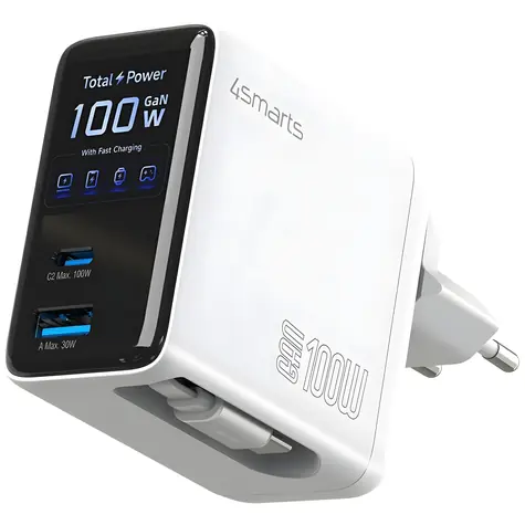 4smarts GaN Flex Screen AI 100W bílá / Nabíječka / GaN / 2x USB-C, 1x USB-A / Displej