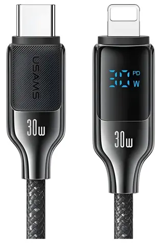 USAMS HX Series černá / Datový kabel / USB-C - Lightning / 30W / 1,2 m / Digitální displej