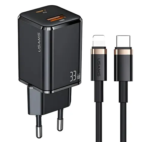 USAMS T43 černá / Síťová nabíječka s kabelem Lightning / 33W / PD3.0 + QC3.0 / USB-C + USB / 120cm