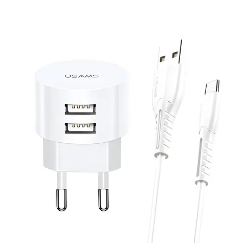 USAMS T20 bílá / Nabíječka / 2x USB / 2.1A / vč. kabelu microUSB