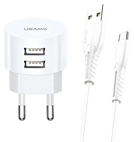 USAMS T20 bílá, USB-C kabel / Nabíječka / 2x USB-A / 2.1A