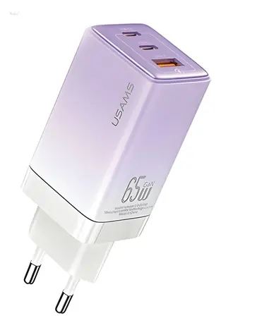 USAMS US-CC180 fialová / Nabíječka / 65W / 2x USB-C + 1x USB-A / GaN / PD3.0 / QC3.0