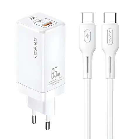 USAMS T33 bílá / Nabíječka / GaN / 65W / 2x USB-C + USB-A / PD / vč. kabelu USB-C-USB-C