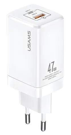 USAMS T41 bílá / Nabíječka / GaN / USB-C + USB-A / 47W / PD, QC4.0