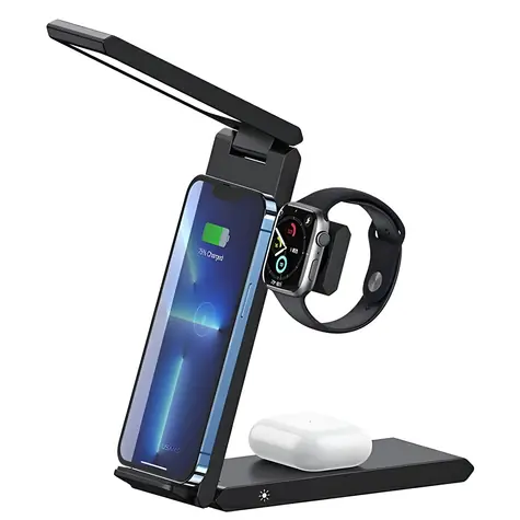 USAMS US-CD181 černá / Bezdrátová nabíječka 3v1 s lampičkou / 15 W / USB-C