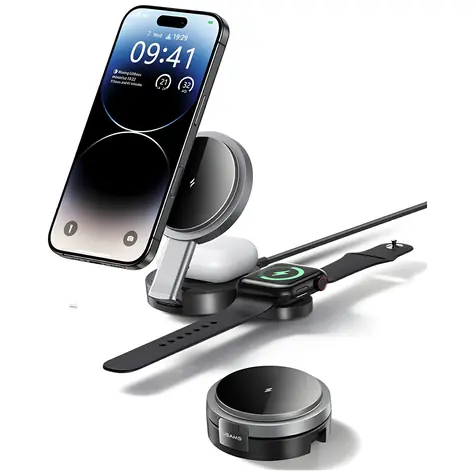 USAMS US-CD234 / Bezdrátová nabíječka / 15W / 3v1 skládací / Magnetická / iPhone, Apple Watch, sluchátka