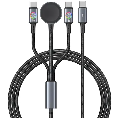 USAMS SJ754 šedá / Datový kabel 3v1 / 2x USB-C + magnetický nabíječ Apple Watch / PD 72W / 1,2 m