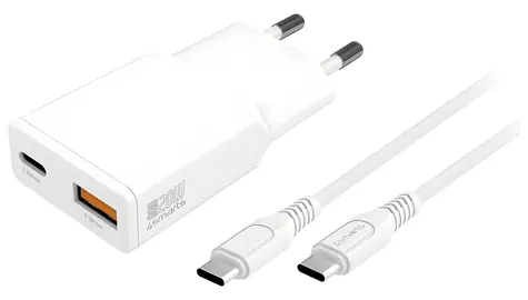 4smarts PDPlug Slim Duos bílá / Síťová nabíječka / GaN / USB-C + USB-A / 20 W / USB-C kabel 1,5 m