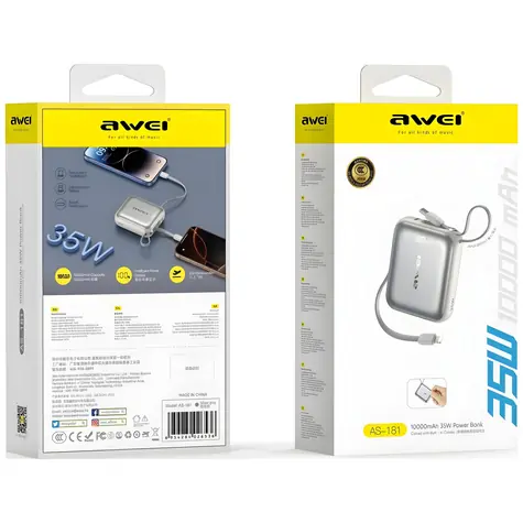 Awei AS-181 stříbrná / Powerbanka / 10000mAh / 35W / USB-C + Lightning kabel