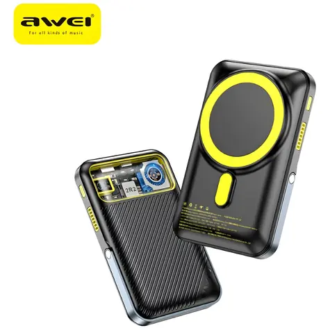 Awei PA-10 černá / Powerbanka / 10000mAh / MagSafe bezdrátové nabíjení / 15W / LCD displej