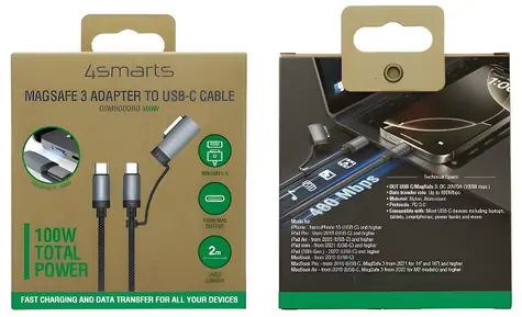 4smarts Explorer ComboCord černá / Kabel / USB-C - MagSafe adaptér / 100W / 2 m