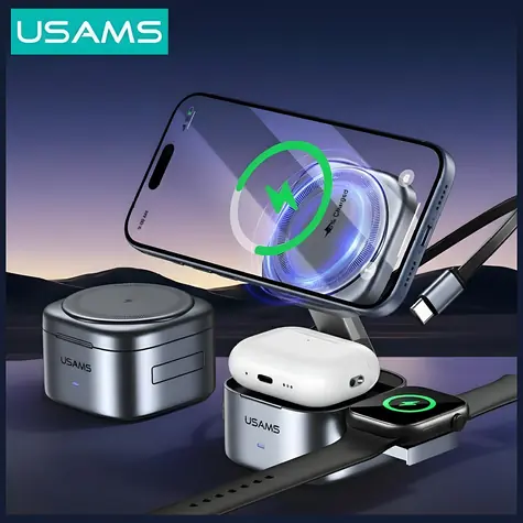 USAMS CD257 Tarnish / Bezdrátová nabíječka / 3v1 / Qi2 / až 15W