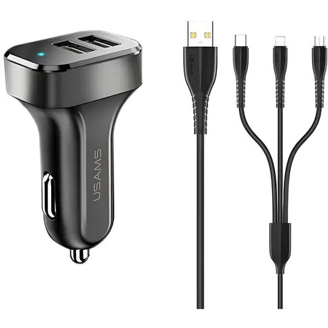 USAMS C13 3v1 sada autonabíječka a kabel černá / Autonabíječka / 2x USB / 2.1A / microUSB, USB-C, Lightning