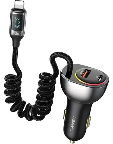USAMS CC193 + Lightning kabel černá / Autonabíječka / 60W / 1x USB / 1x Type-C / PD 30W