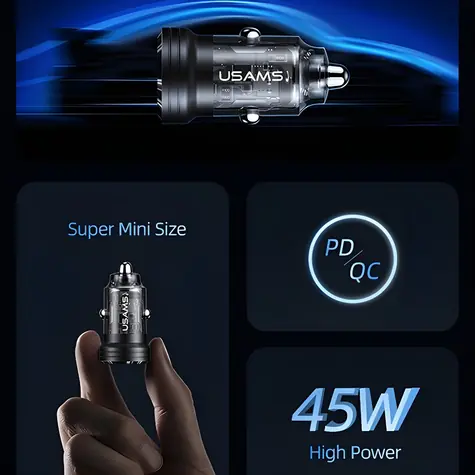 USAMS C35 černá / Autonabíječka / USB-C + USB-A / 45 W / PD, QC