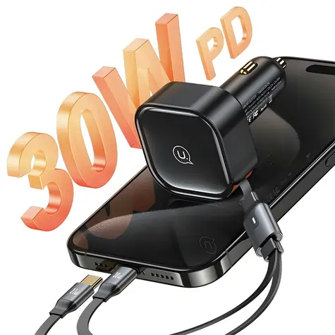 USAMS US-CC220 2x USB-C černá / Autonabíječka / smršťovací kabel / PD 30W / 2v1