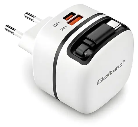 GaN 65W nabíječka / Síťová nabíječka / USB-C PD PPS / 5-20V / 3-3,25A / vysouvací kabel