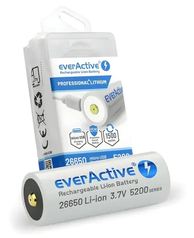 Li-Ion 26650 / Dobíjecí baterie / 3,7 V / 5200 mAh / Micro-USB