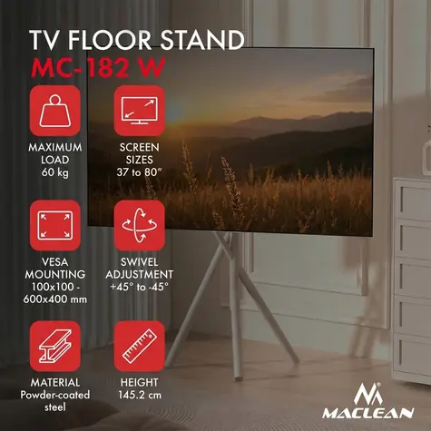 Maclean MC-182 W bílá / Mobilní podlahový stojan pro TV / 37-80