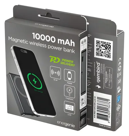Powerbanka 10000 mAh černá / Powerbanka / Power Delivery 20 W / bezdrátové nabíjení 15 W / LCD displej