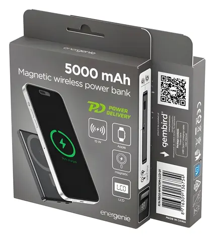 Magnetická bezdrátová powerbanka 5000 mAh černá / Powerbanka / 15 W bezdrátově / LCD displej