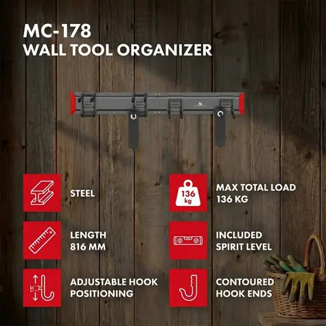 MC-178 Nástěnný organizér na nářadí černo-bílý / Organizér na nářadí / Ocel / Nosnost 136 kg / 6 háčků