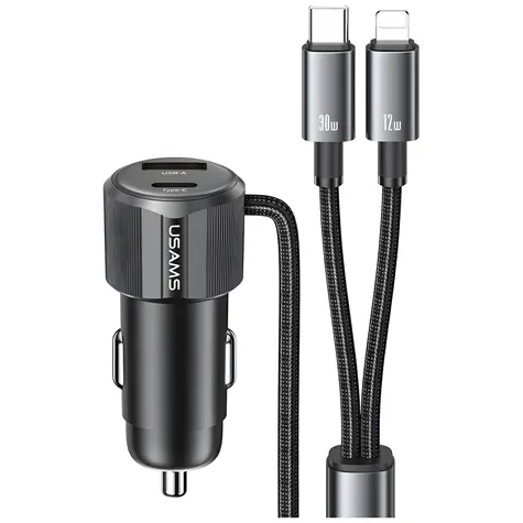 USAMS YT Series CC287 černá / Autonabíječka / 66W / 1x USB-C + 1x USB-A / PD, QC / kabel USB-C/Lightning