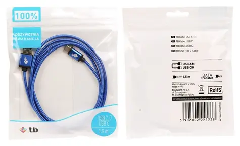 Kabel USB - USB-C 1,5 m modrý opletený / Datový kabel