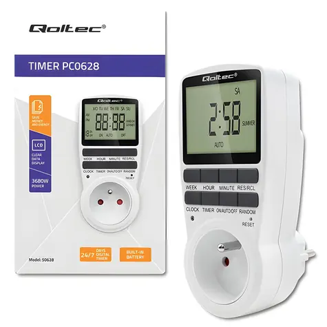 Elektronický časovač PC0628 / Zásuvkový časovač / LCD displej / 3680W / 16A