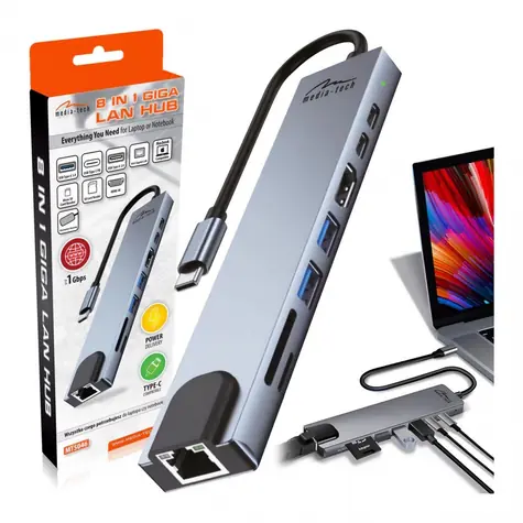 MT5046 šedá / Dokovací stanice / 8v1 / HDMI 4K / VGA / LAN / USB-C PD 100W