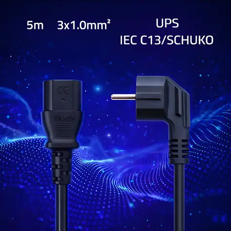 Napájecí kabel Schuko úhlová - IEC C13 5 m / Napájecí kabel / CEE 7/7 (E/F) - IEC C13 / 3x1,0 mm2 / čistá měď
