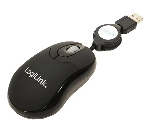 LogiLink Mini optická myš s navíjecím kabelem černá / Myš / USB / 800 DPI / 3 tlačítka