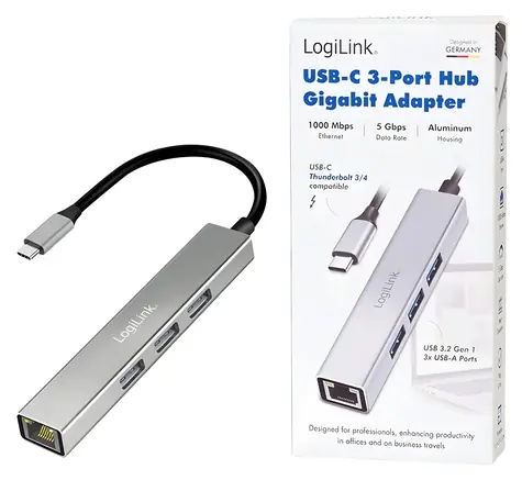 USB hub 3x USB-A + RJ45 Gigabit / USB hub / USB 3.2 / Gigabit Ethernet