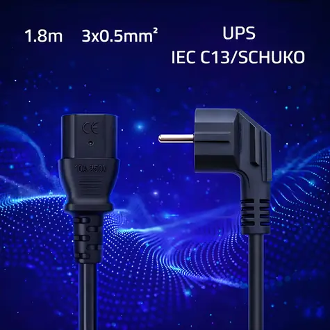Napájecí kabel Schuko - IEC C13 90° / Napájecí kabel / CEE 7/7 (E/F) - IEC C13 / úhlový / měď Cu / 1,8 m