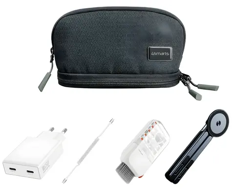 4smarts Sada příslušenství pro notebook / Nabíječka 65W GaN / Kabel USB-C 100W / Skládací stojánek / Čisticí sada
