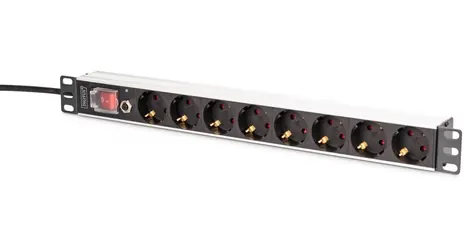 Digitus PDU 1U 8x Schuko černá / Zásuvková lišta / 230V/16A/4000W / kabel 2m / hliníkové tělo / vypínač