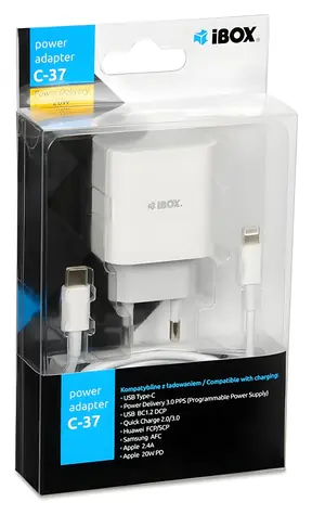 Síťová nabíječka C-37 bílá / Nabíječka / USB-C - Lightning kabel / 20W / PD